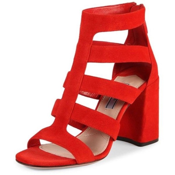 Prada❤️ Size 6 /36 Red Suede Gladiator Block Heel Sandal - Picture 1 of 6